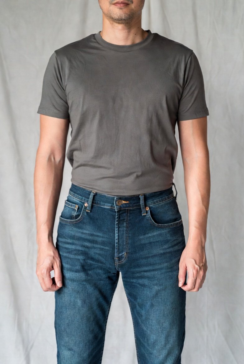 Model wearing plain denim jeans and trousers from the denim range